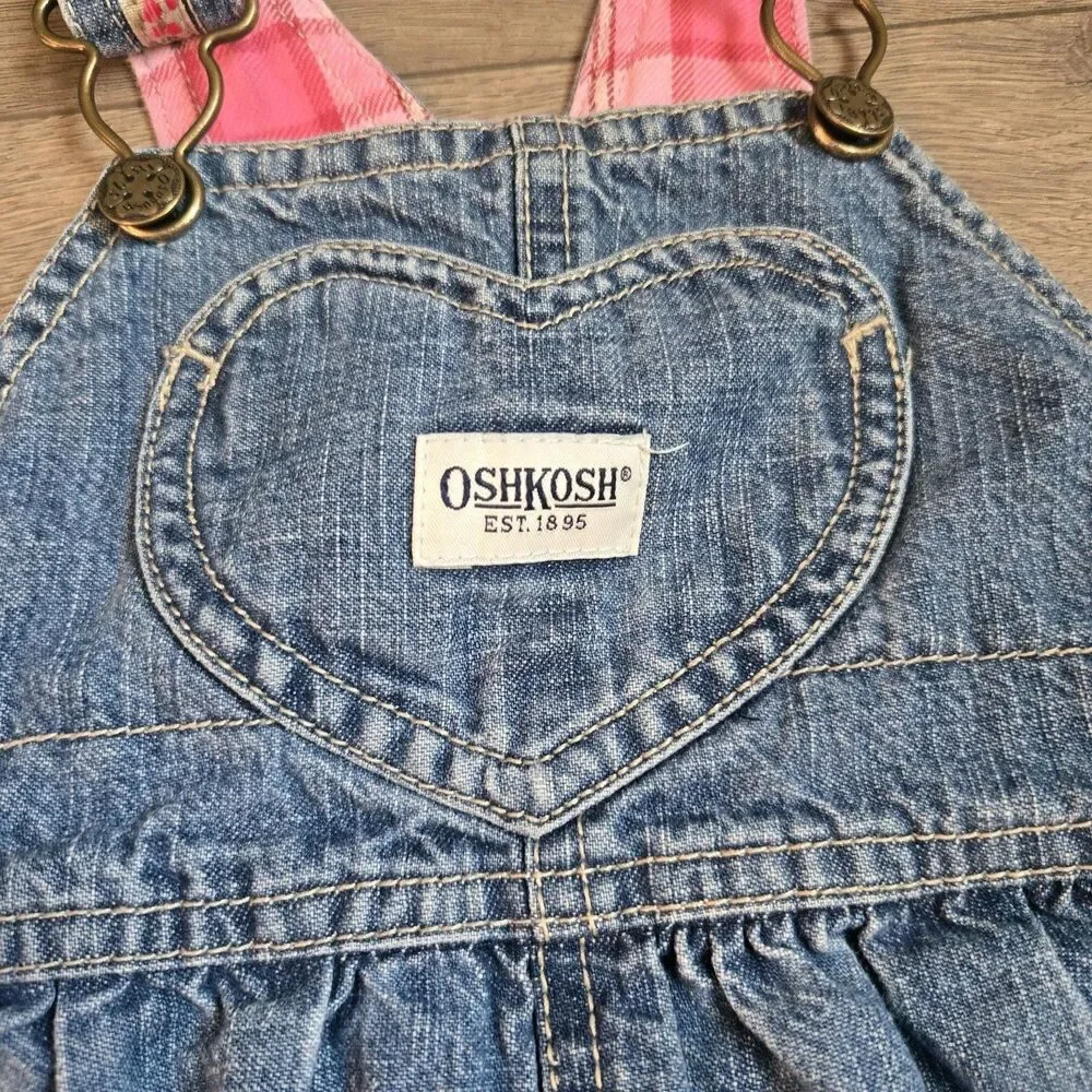 OshKosh B’gosh Vintage Girls 12M Blue Denim Overall Dress Heart Pink Plaid Y2K